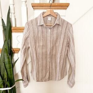 Womens Linen Button-Down Shirt Beige Striped Long Sleeves Collared Size 46